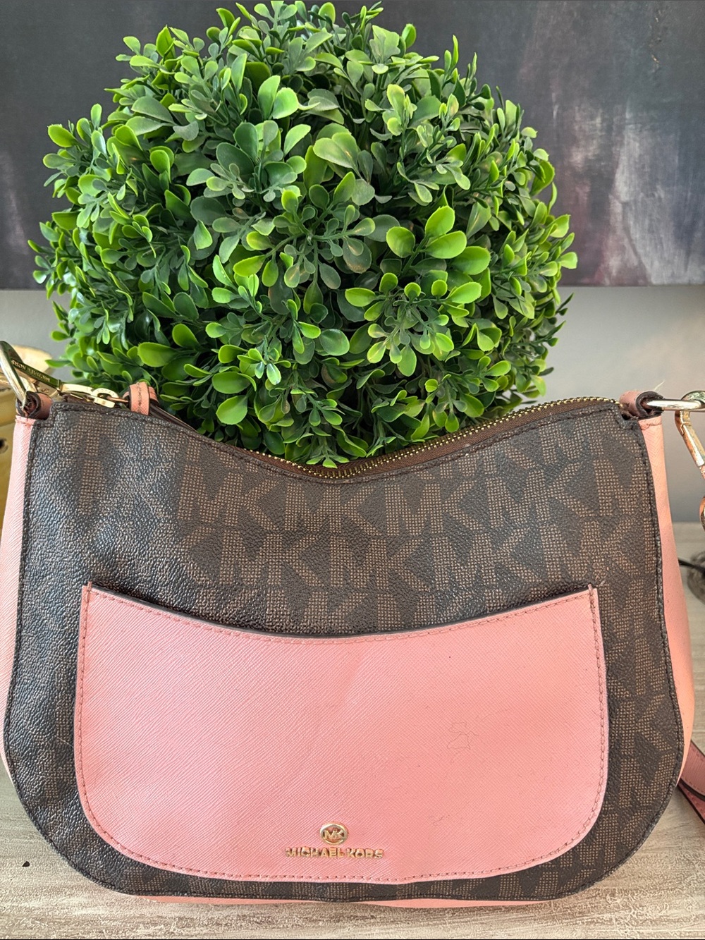 Michael Kors Brown MK Logo Crossbody with Pink Leather Trim